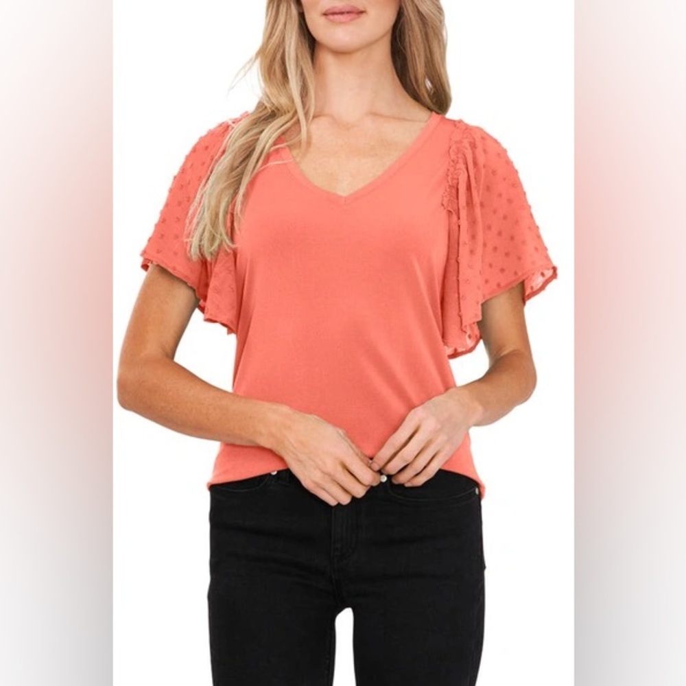 CeCe Cameo Coral Blouse with Flutter Sleeve